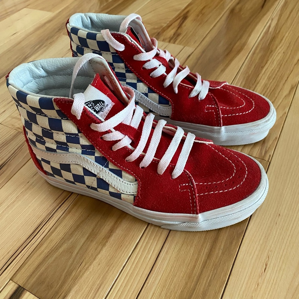 Vans Red and Blue High-Top Sneakers with Checkered Design